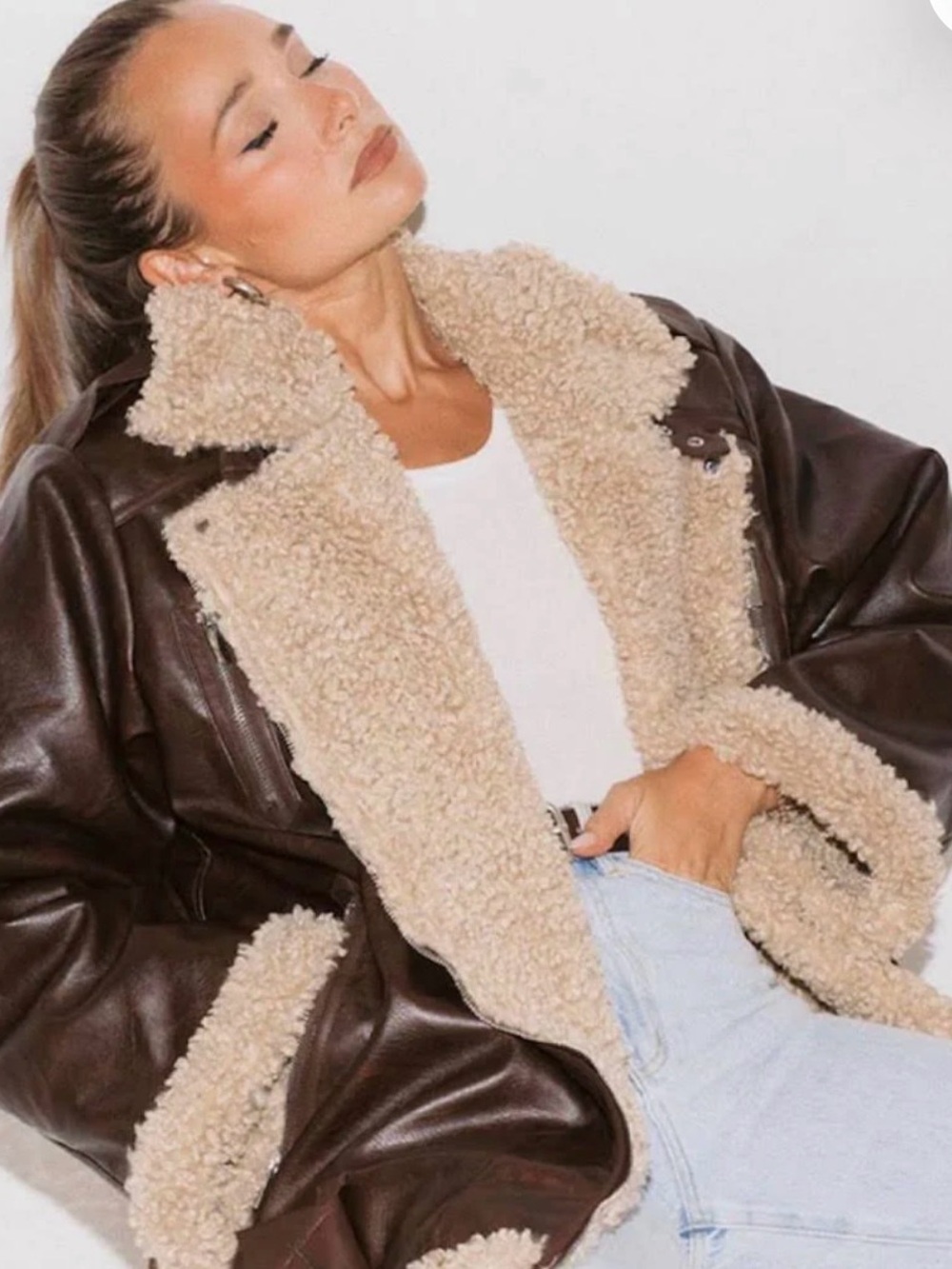 WeWoreWhat Taupe-Brown Faux Shearling Biker Jacket